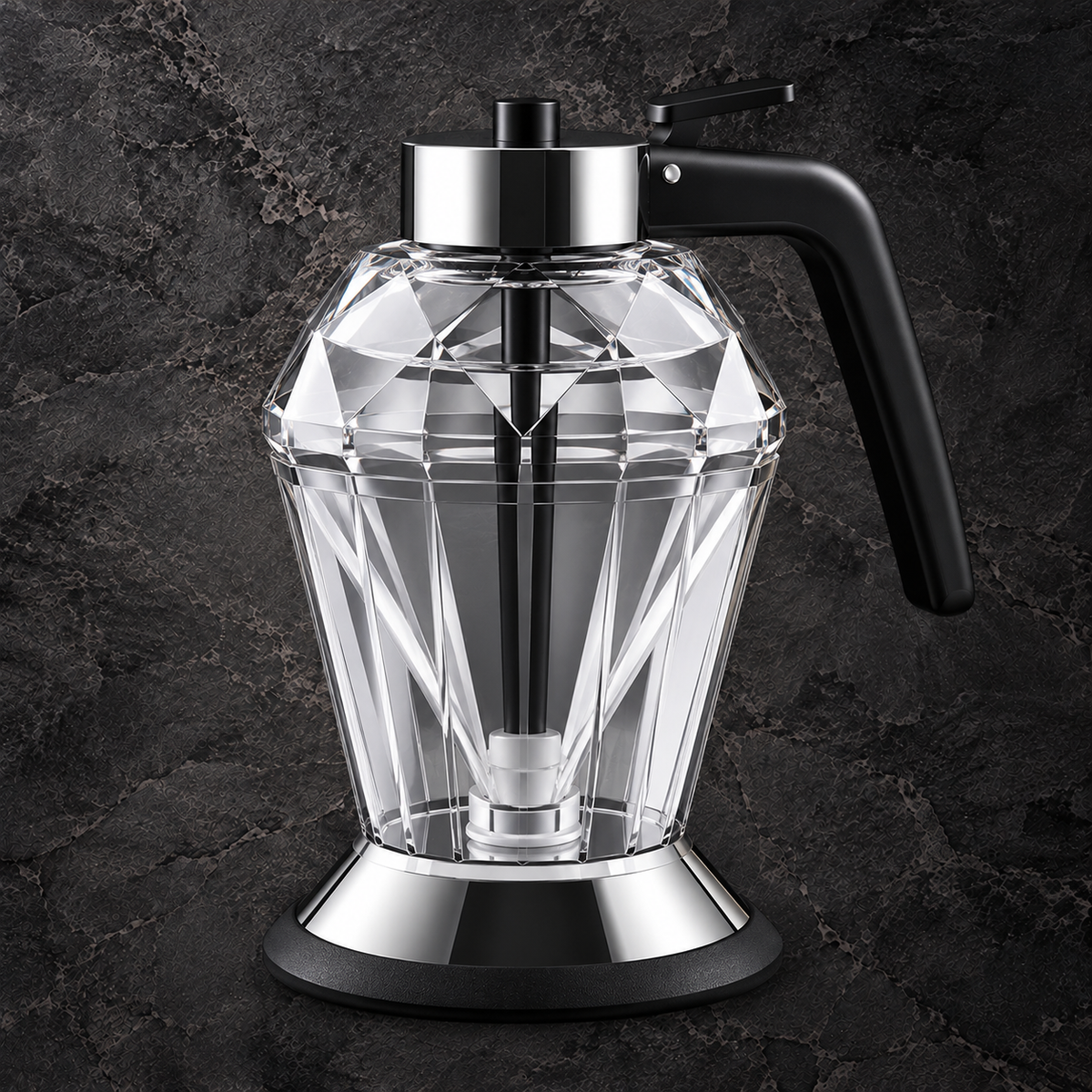 Empty faceted glass dispenser with a black lever handle, central dispensing rod and silver-colored lid and base.