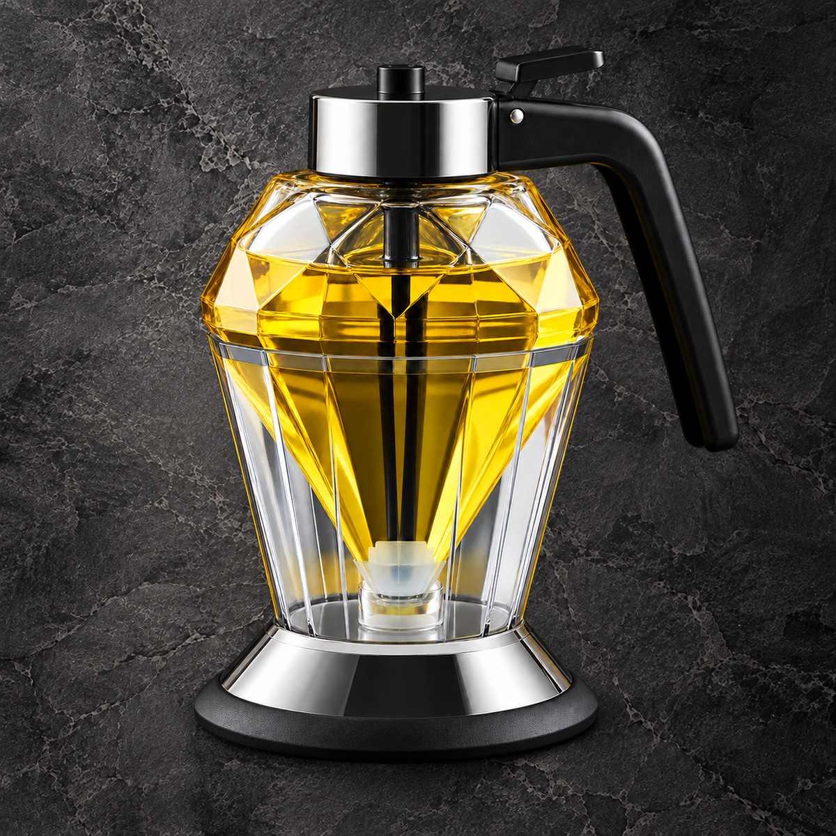 Faceted glass dispenser filled with golden liquid, with a black lever handle and silver-colored lid and base.