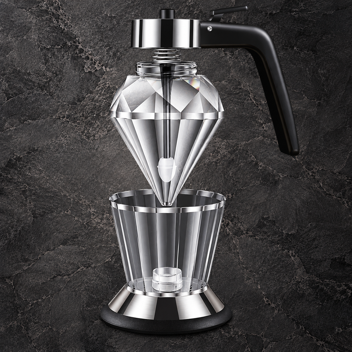 Exploded view of a faceted glass dispenser showing its lid, lever handle, dispensing rod and separate base.