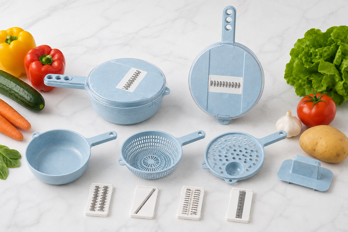 A set of light blue plastic kitchen utensils and vegetable choppers arranged on a white marble surface, surrounded by fresh vegetables including lettuce, tomato, bell pepper, carrots, cucumber, garlic, and potato.