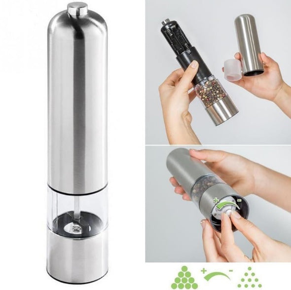 Stainless steel electric grinder with close-ups showing the removable cover and grind adjustment.