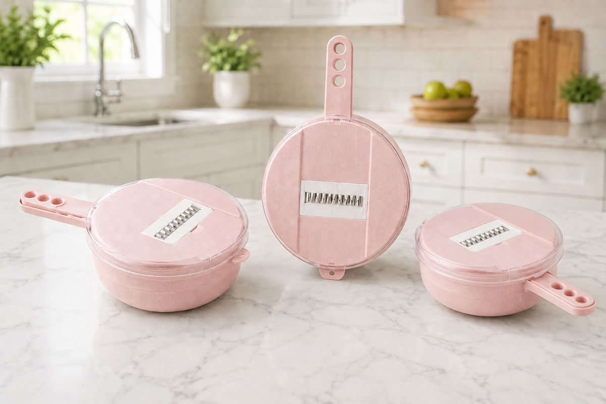 Three pink plastic kitchen utensils with round lids and handles, displayed on a white marble countertop in a bright, modern kitchen setting.