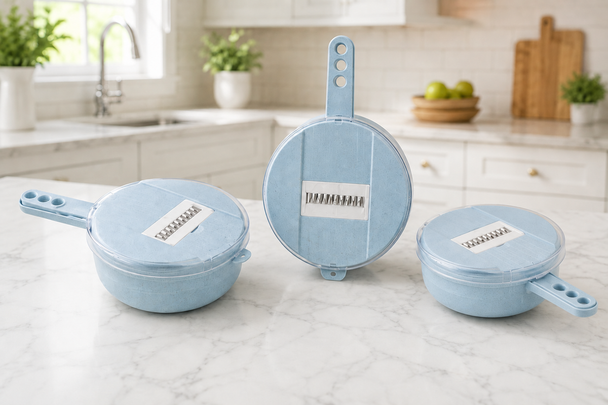 Three light blue kitchen utensils with round handles and lids are arranged on a white marble countertop in a bright kitchen setting. The center utensil is upright, showing a metal grater blade, while the left and right utensils lie flat, showing different grater blade configurations.