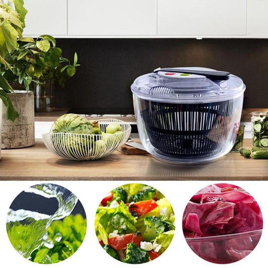 Clear salad spinner with a black basket on a kitchen counter, with inset images of rinsed greens, salad and sliced red onion.