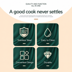 Promotional graphic for a cookware product with the headline 'A good cook never settles' and the text 'QUALITY AND FUNCTION ALL IN ONE.' Four dark green feature tiles with white icons and labels read 'Stainless Steel,' 'Easy to Clean,' 'Convenient Design,' and 'Durable.