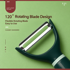 A dark green peeler with a silver metal blade, shown on a light green background with promotional text highlighting its 120-degree rotating blade design.