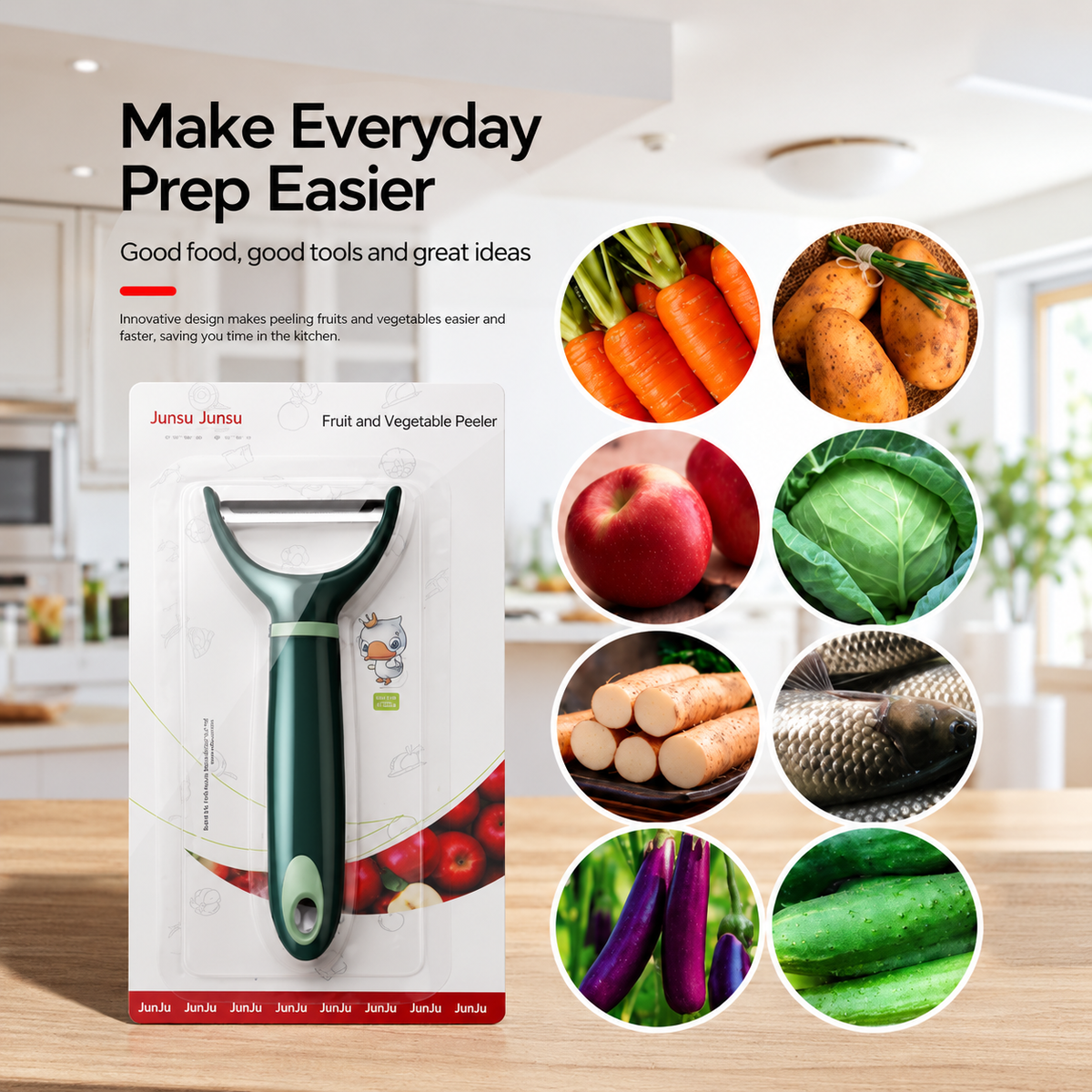 A packaged Junmu fruit and vegetable peeler shown on a kitchen countertop with promotional text and circular food photos of vegetables and fruit. The product itself is a dark green and black peeler in a white box.
