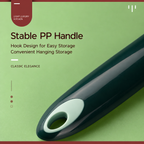 A close-up of a dark green and white kitchen utensil handle with a hole for hanging, shown on a light green background with promotional text.