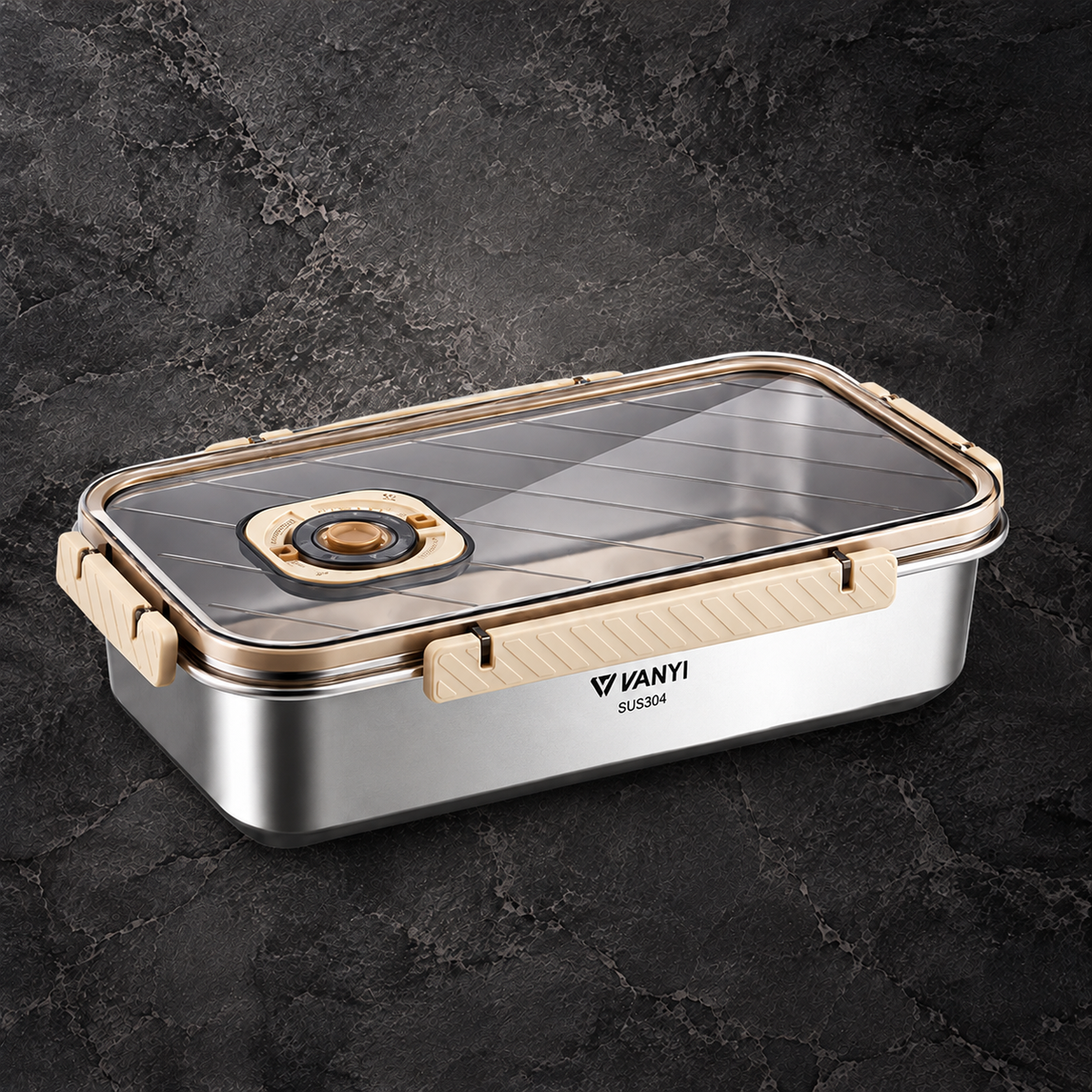 Vanyi S2204 stainless steel lunch box with a clear lid, light wood-grain handles, and a gold-toned latch, shown on a dark textured stone background.