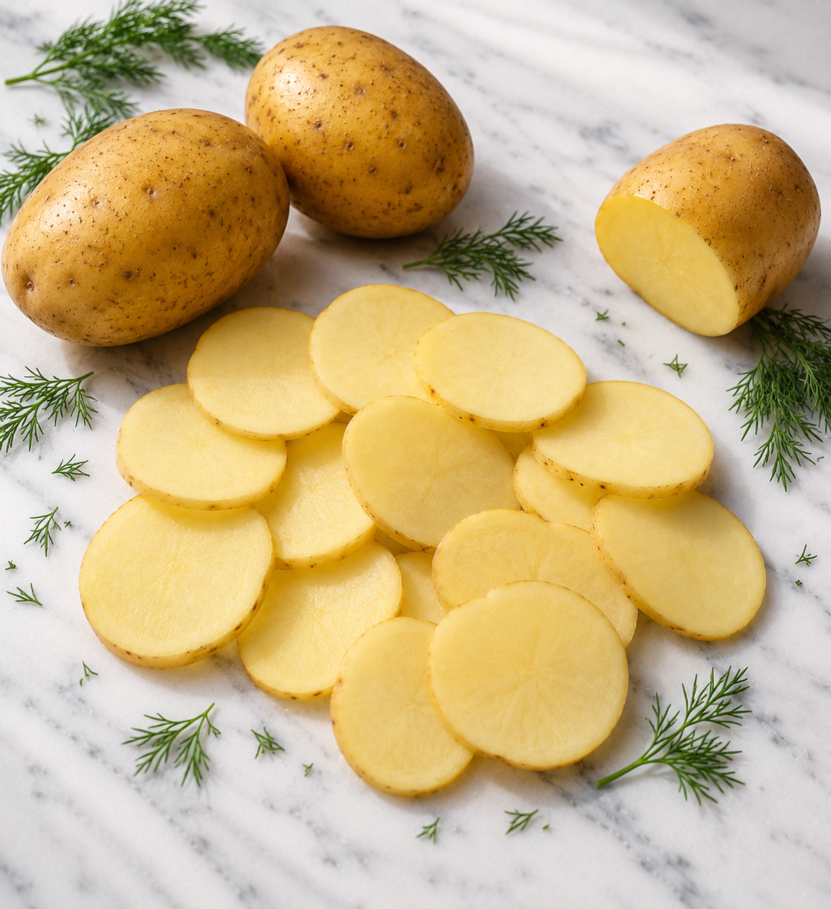Sliced raw potatoes arranged on a white marble surface with whole and cut potatoes, garnished with dill.