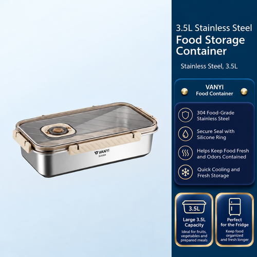 A stainless steel food storage container with a clear lid and beige wooden handles, shown alongside a blue product information panel on a light blue background. The brand VANYI is visible on the container and panel.