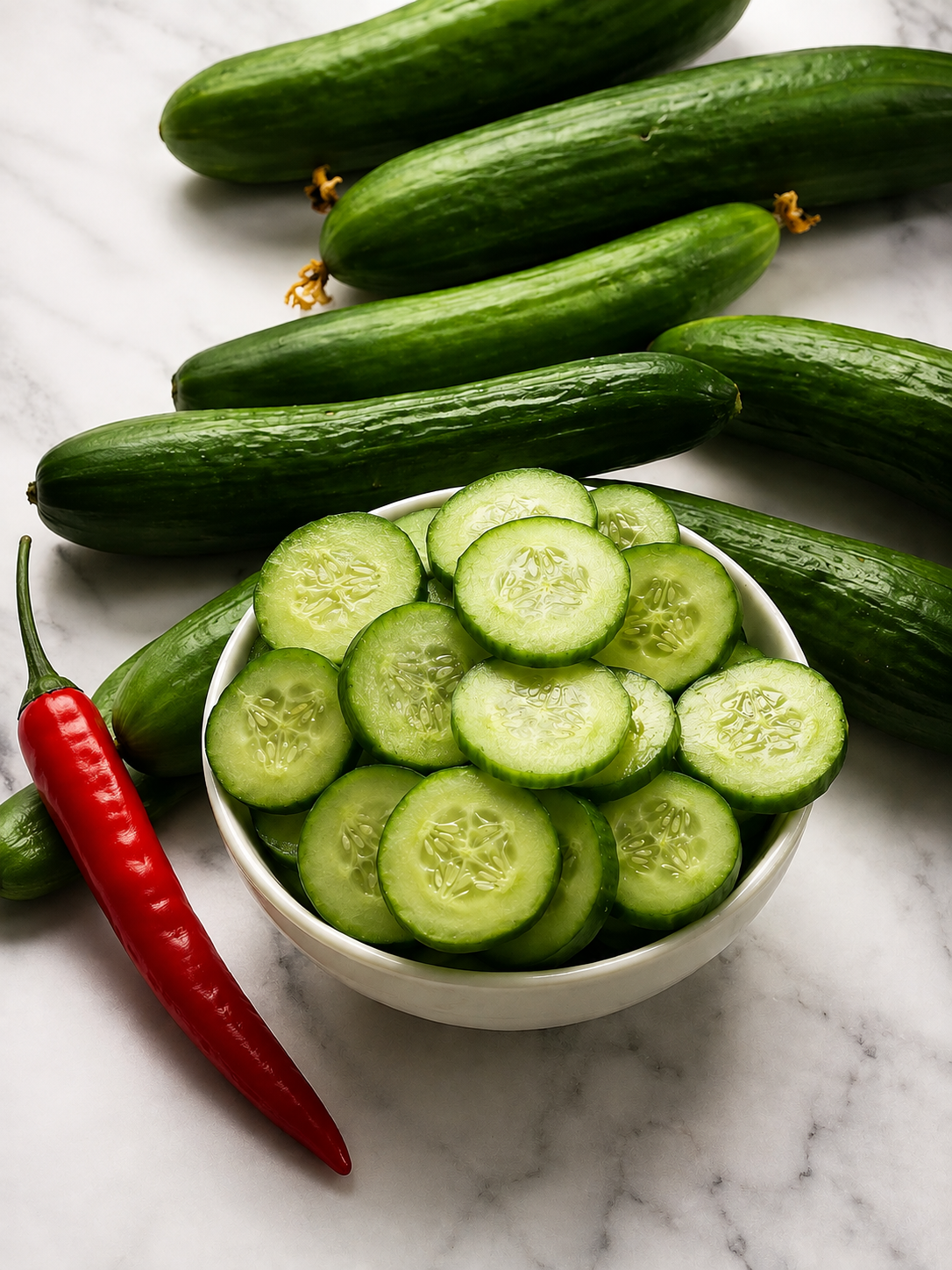 Sliced green cucumbers in a white bowl with whole cucumbers and a red chili pepper arranged on a white marble surface.