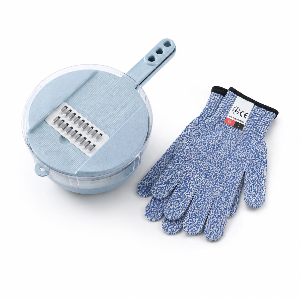 A kitchen safety set featuring a round plastic mandoline slicer with a light blue handle and guard, shown next to a blue and white knit cut-resistant glove on a white background.