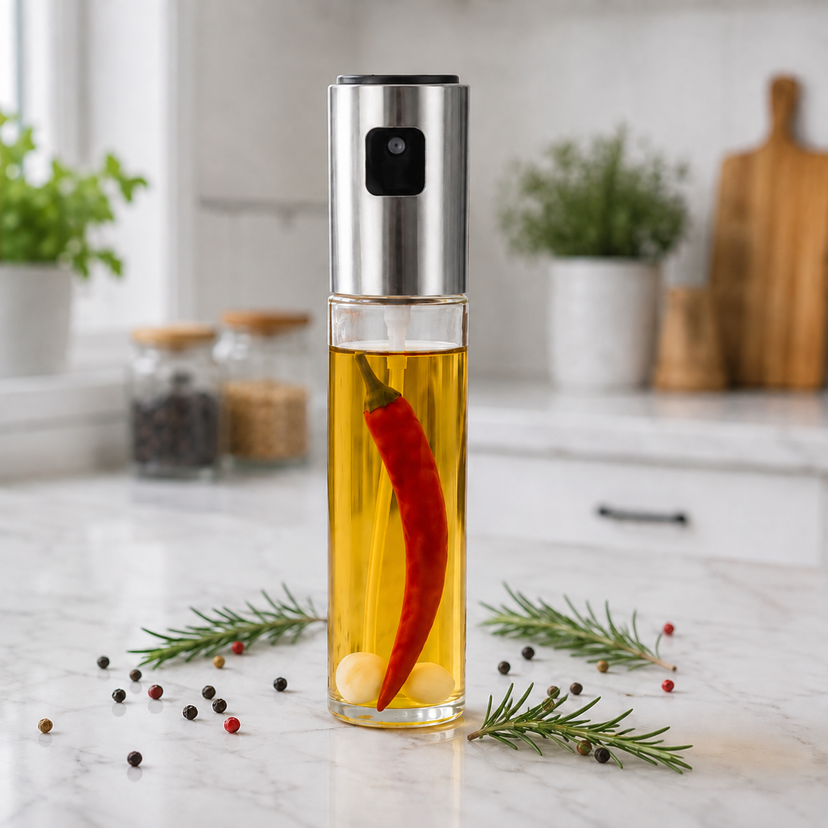 A modern stainless steel and clear glass oil dispenser bottle filled with golden oil, a red chili pepper, garlic cloves, and rosemary sprigs, set on a marble kitchen countertop.