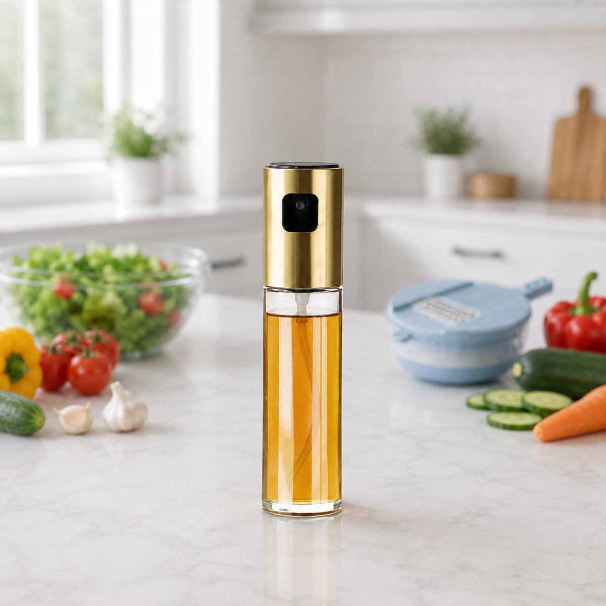 A modern glass oil bottle with a brushed gold metallic cap stands on a white marble kitchen countertop, surrounded by fresh vegetables in a blurred kitchen background.