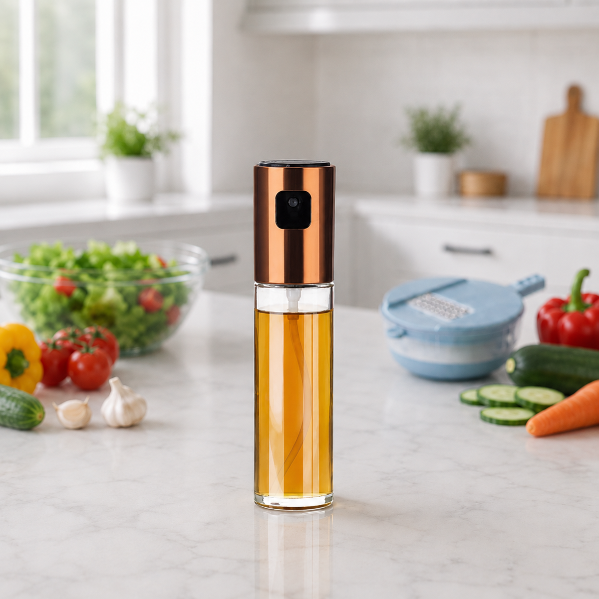 A modern oil dispenser bottle with a metallic copper body and a black camera lens on the front, filled with golden oil, standing on a white marble kitchen countertop surrounded by fresh vegetables.