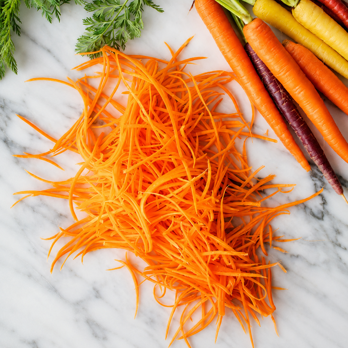 A pile of freshly shredded orange carrots on a white marble surface, with whole colorful carrots and green tops arranged along the top edge.