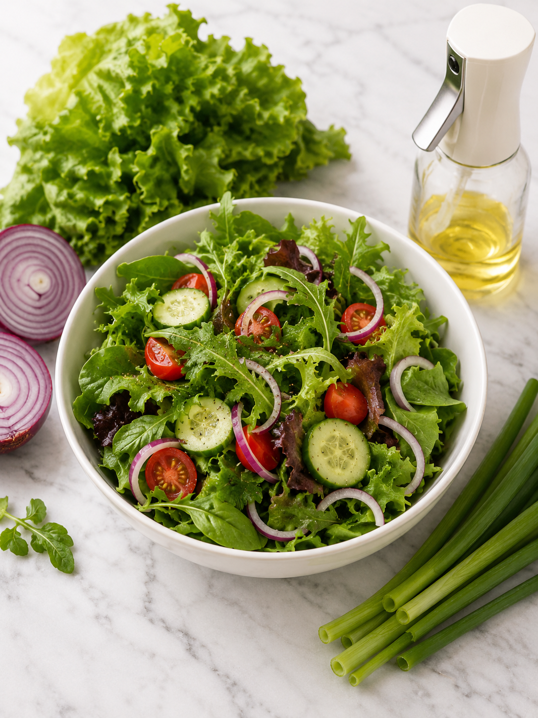 A white bowl filled with a fresh mixed green salad, including lettuce, cucumber, cherry tomatoes, red onion, and arugula, styled on a white marble surface with raw ingredients like red onion, green onions, and a bottle of oil.