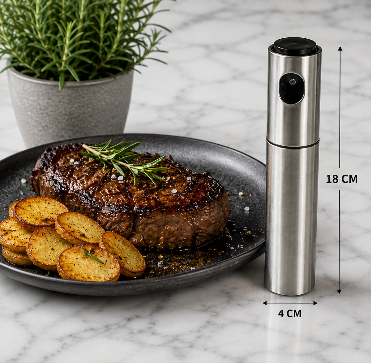 A stainless steel electric meat tenderizer with a black cap stands next to a plated steak and roasted potatoes on a marble surface. White dimension lines indicate the product is 18 cm tall and 4 cm wide.